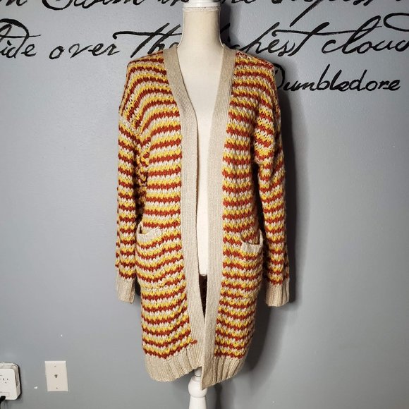 COCO + JAIMESON Orange & Yellow Striped Open Cardigan Sweater with Pockets - Picture 1 of 7
